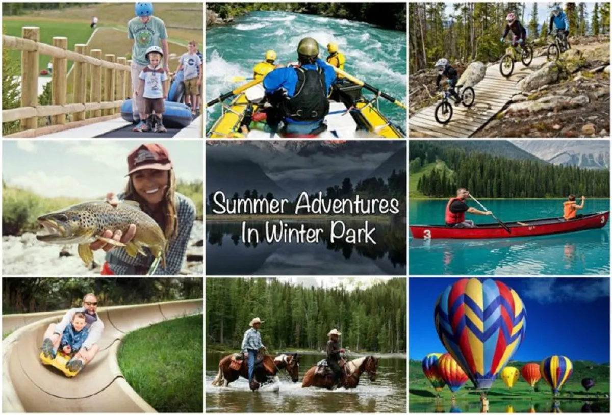 A lively summer scene featuring families participating in outdoor activities: people kayak on gentle waters, children enjoy tubing, horseback riders traverse scenic paths, and colorful hot air balloons float overhead. The atmosphere is joyful and adventurous, showcasing the beauty of the surrounding landscape.