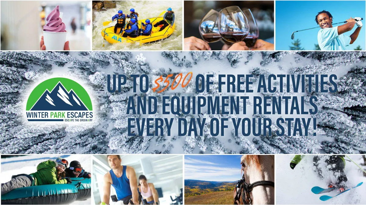 A vibrant exterior montage highlighting people participating in a range of local activities: white water rafting, skiing, wine tasting, golfing, snow tubing, and horseback riding, all set against scenic outdoor backdrops. The image conveys the excitement and variety of curated adventures available through the property.
